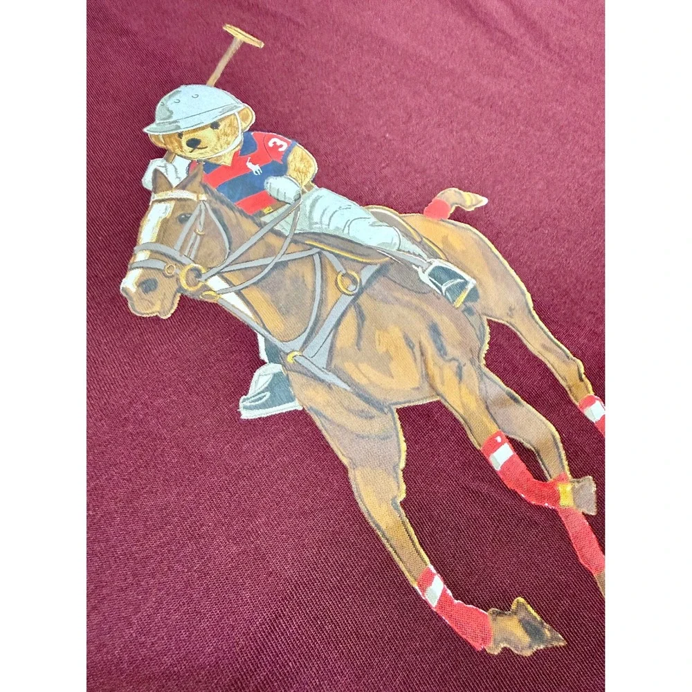 Ralph Lauren Polo Bear Horseback Vintage Single‎ Stitch Burgandy T Shirt Mens XL
